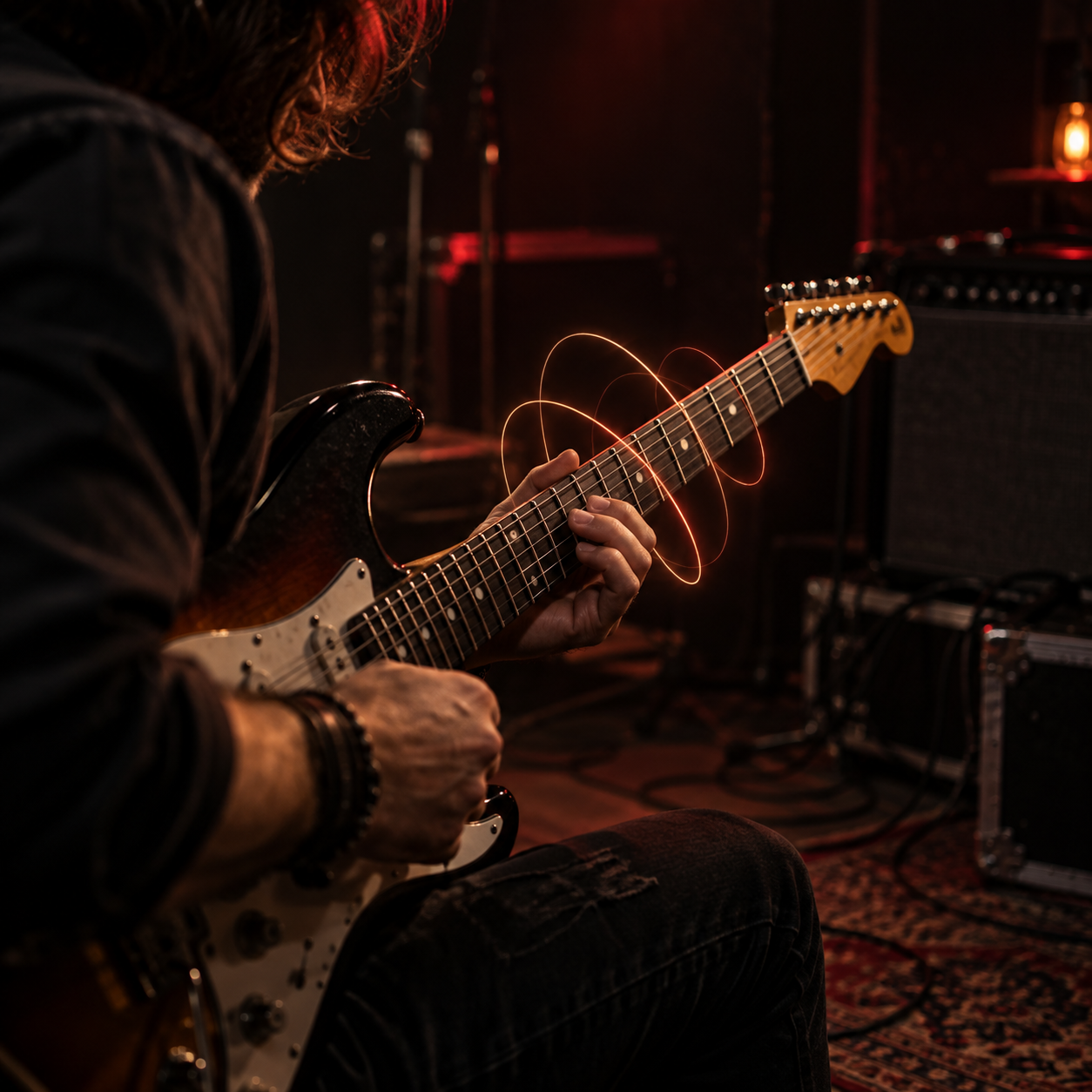 Guitarrista preso aos mesmos caminhos no braço da guitarra